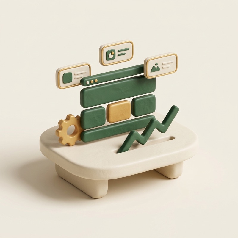 3D-Illustration: Webseiten-Bausteine werden Schritt für Schritt aufgebaut