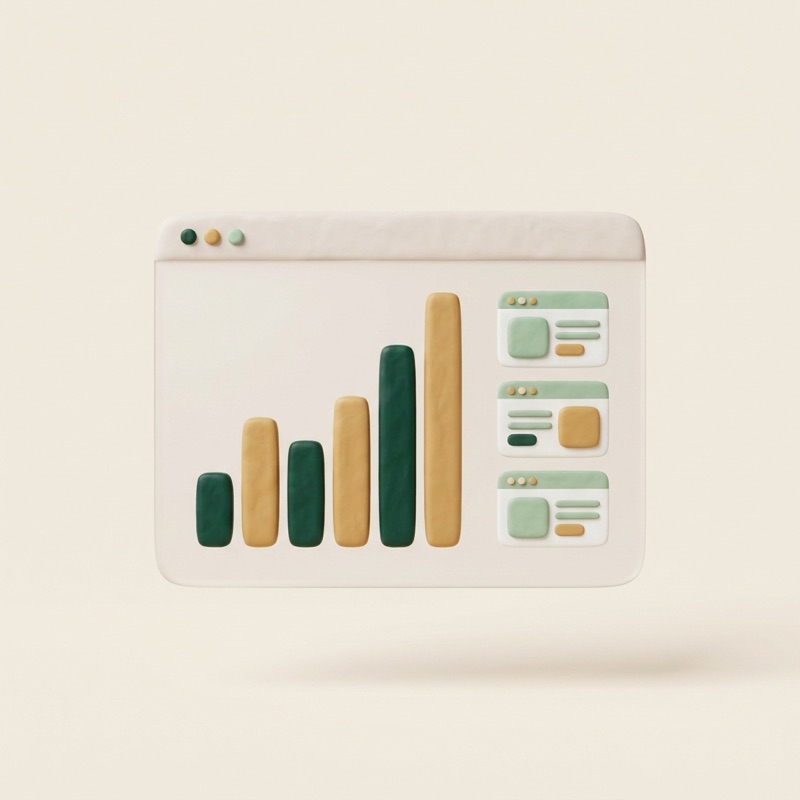 3D-Illustration: Browserfenster mit wachsendem Balkendiagramm